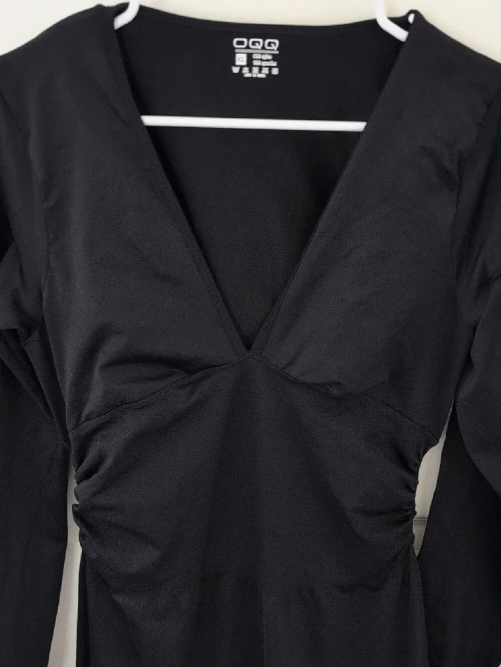 OQQ Jumpsuit Flare Leg Long Sleeve Black V Neck Fitted Size XL